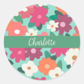 かわいいカラフルレトロ花模様名前をカスタムする ラウンドシール (正面)