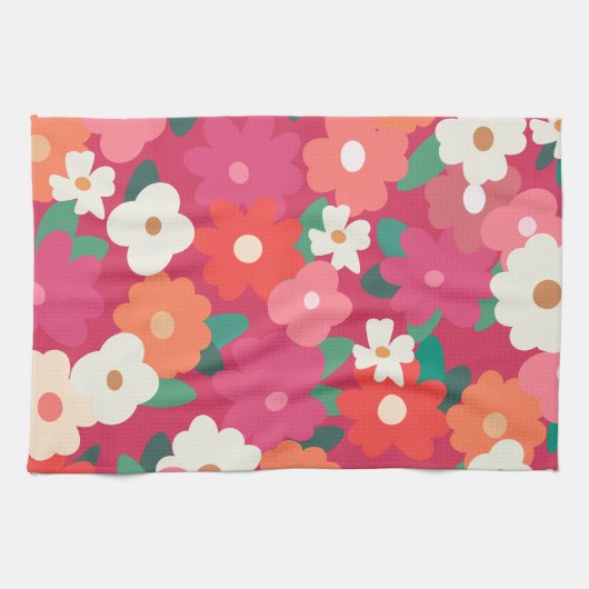 かわいいカラフルレトロ花模様 キッチンタオル (横)