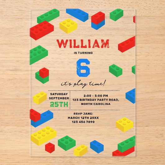 かわいいカラフルレンガ建物ブロック子供の誕生日 アクリル招待状 (正面)