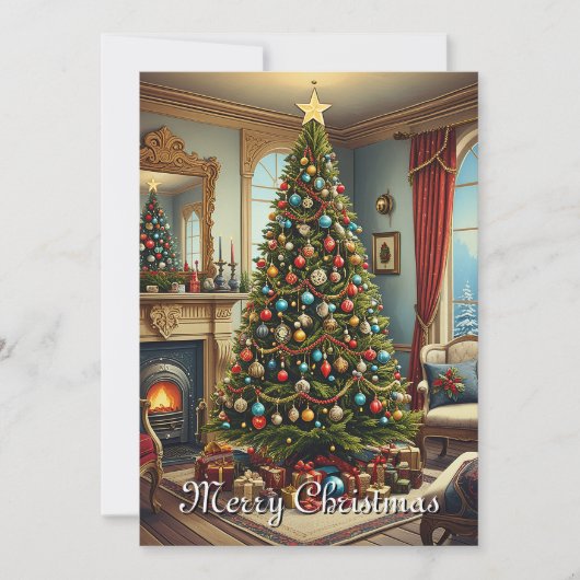 かわいいカラフルヴィンテージ素朴メリークリスマスツリー シーズンカード (正面)