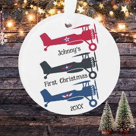 かわいいカラフル二面飛行機少年初めてのクリスマス オーナメント