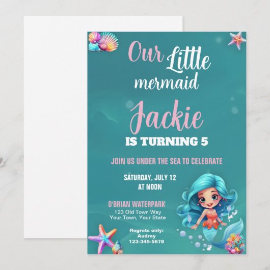 かわいいカラフル人魚の誕生日パーティー 招待状 (正面/裏面)