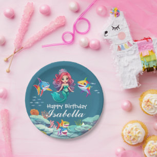 かわいいカラフル人魚シャークのレインボー誕生日キッズ ペーパープレート