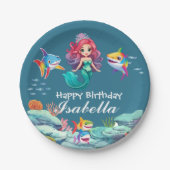 かわいいカラフル人魚シャークのレインボー誕生日キッズ ペーパープレート (正面)