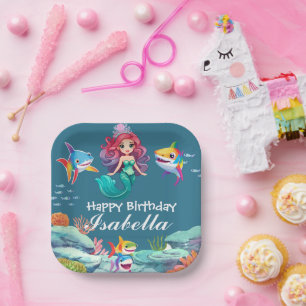 かわいいカラフル人魚シャークのレインボー誕生日キッズ ペーパープレート