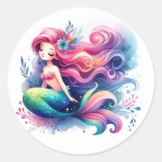 かわいいカラフル人魚ステッカー ラウンドシール (正面)