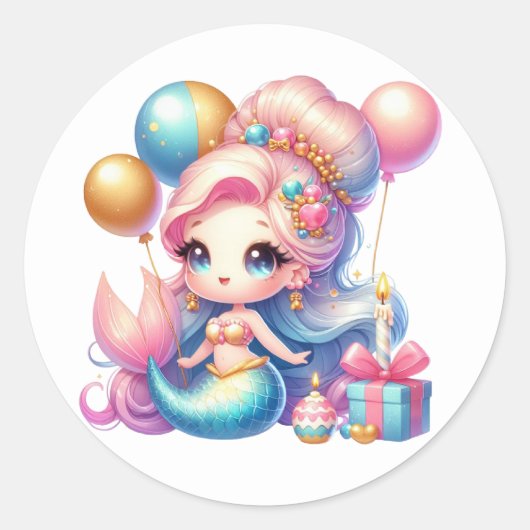 かわいいカラフル人魚ステッカー ラウンドシール (正面)