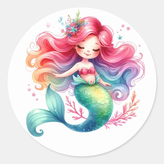 かわいいカラフル人魚ステッカー ラウンドシール (正面)