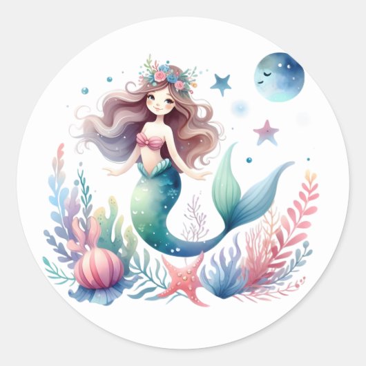 かわいいカラフル人魚ステッカー ラウンドシール (正面)