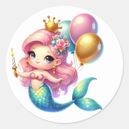 かわいいカラフル人魚ステッカー ラウンドシール (正面)