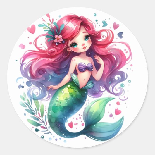 かわいいカラフル人魚ステッカー ラウンドシール (正面)