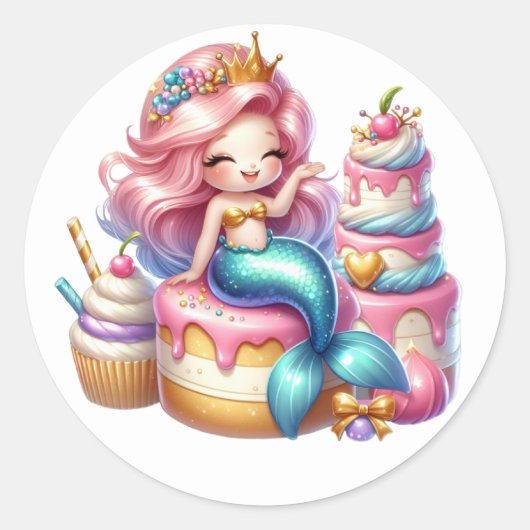 かわいいカラフル人魚ステッカー ラウンドシール (正面)