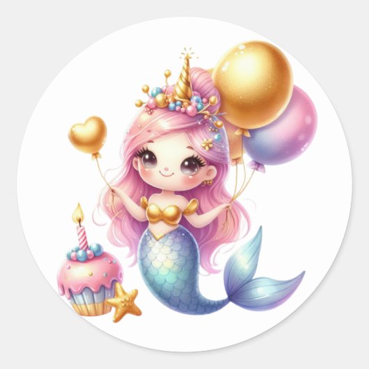 かわいいカラフル人魚ステッカー ラウンドシール (正面)