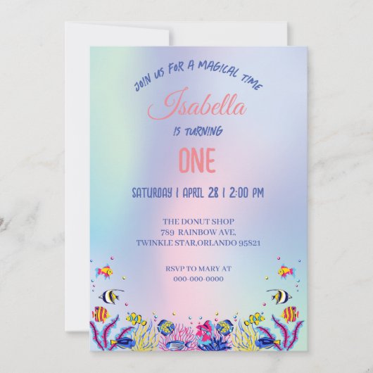 かわいいカラフル人魚レインボー誕生日パーティーの子供 招待状 (正面)