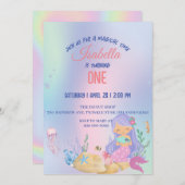 かわいいカラフル人魚レインボー誕生日パーティーの子供 招待状 (正面/裏面)