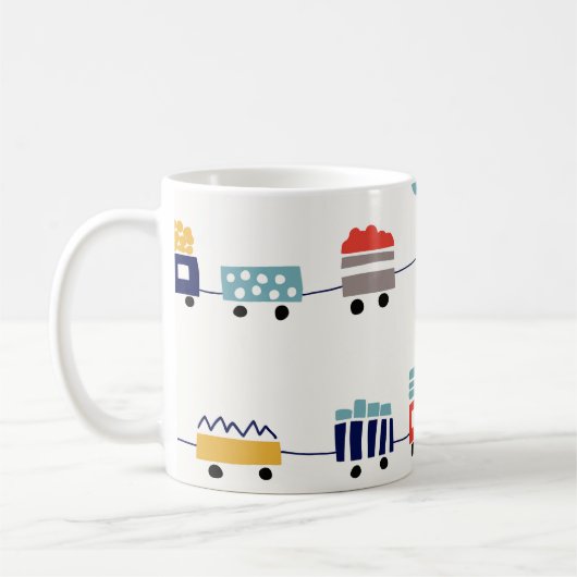かわいいカラフル列車のシームレスなパターン。 コーヒーマグカップ (左)