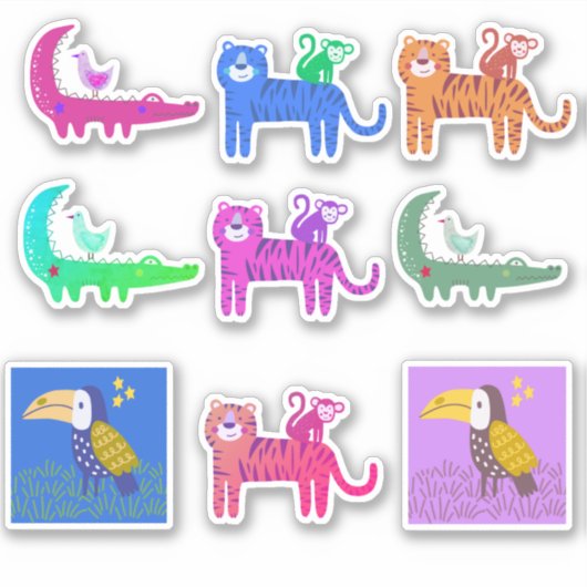 かわいいカラフル動物と鳥の組み合わせ|過去記事 シール (正面)