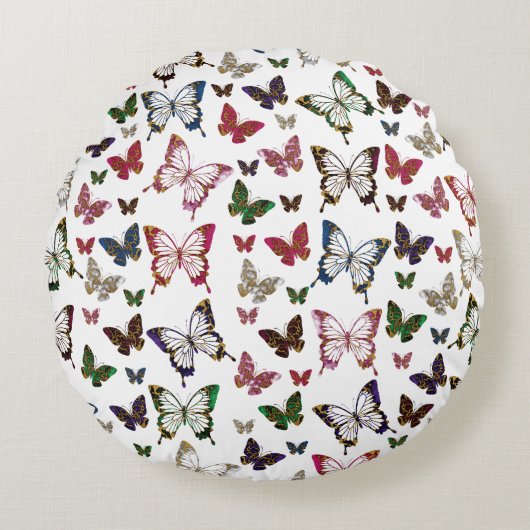 かわいいカラフル大理石バタフライ春パターン ラウンドクッション (正面)
