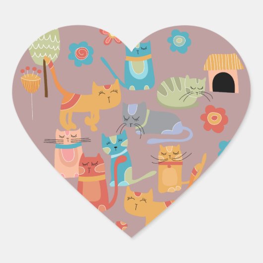かわいいカラフル子ネコが猫好きピンク ハートシール (正面)