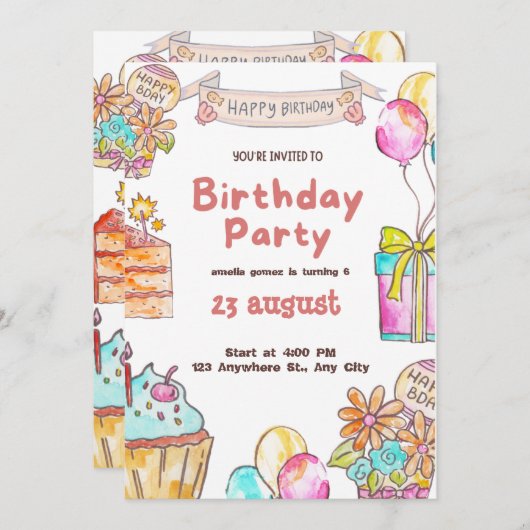 かわいいカラフル子供の誕生日パーティの招待状 招待状 (正面/裏面)