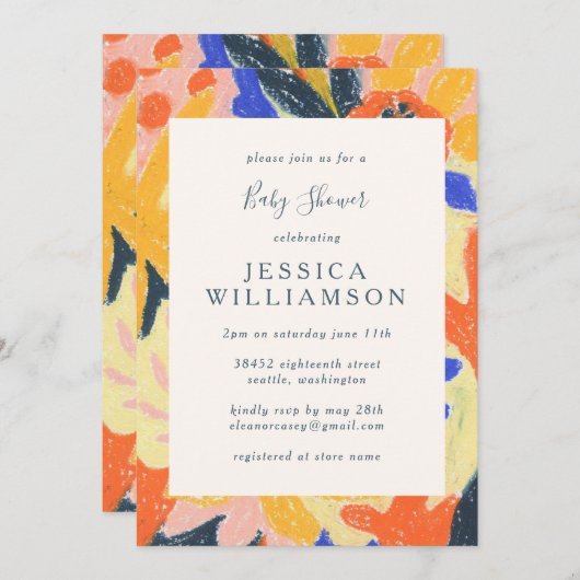 かわいいカラフル抽象芸術アート植物性ベビーシャワー 招待状 (正面/裏面)