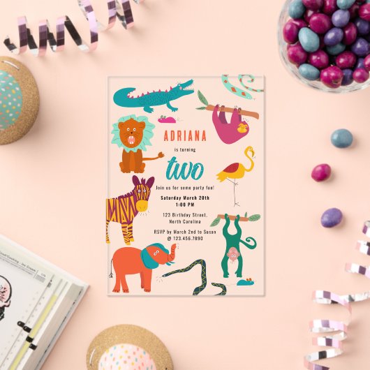 かわいいカラフル抽象芸術動物子供の誕生日パーティー アクリル招待状 (インサイチュ (お祝い))