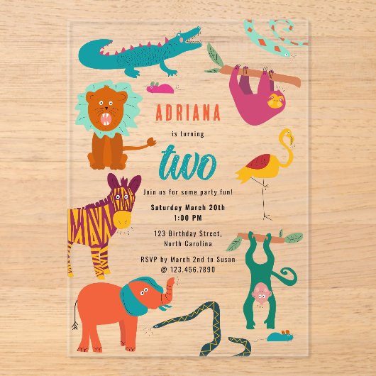 かわいいカラフル抽象芸術動物子供の誕生日パーティー アクリル招待状 (正面)