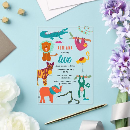 かわいいカラフル抽象芸術動物子供の誕生日パーティー アクリル招待状 (インサイチュ (ウェディング))