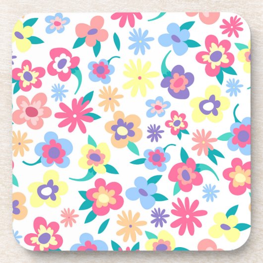 かわいいカラフル春の花パターン コースター (正面)