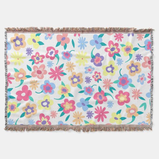 かわいいカラフル春の花パターン スローブランケット (正面)