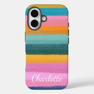かわいいカラフル水彩ブラシストロークストライプ名 iPhone 16ケース