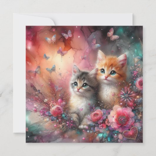 かわいいカラフル水彩猫たち花バレンタイン シーズンカード (正面)