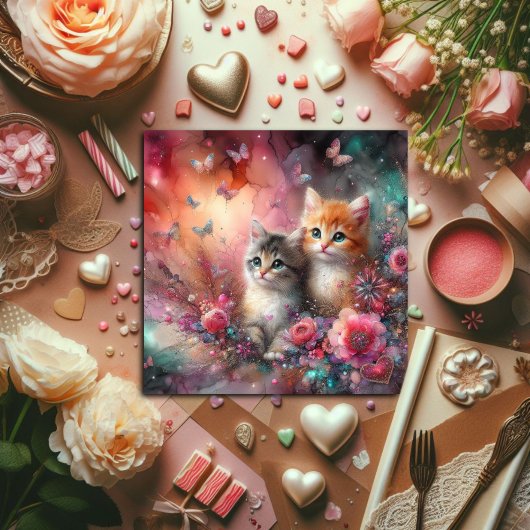 かわいいカラフル水彩猫たち花バレンタイン シーズンカード