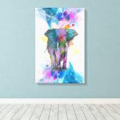 かわいいカラフル水彩色（ばちゃばちゃ）跳ねるゾウ キャンバスプリント (インサイチュ (ウッドフロア))