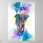 かわいいカラフル水彩色（ばちゃばちゃ）跳ねるゾウ ポスター (正面)