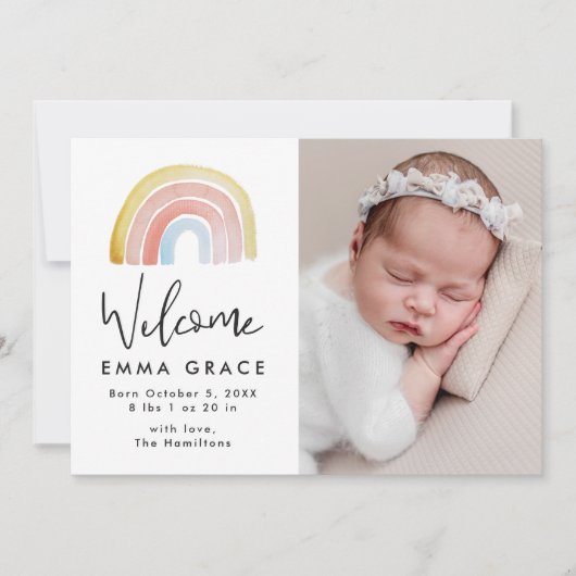 かわいいカラフル水彩虹誕生 案内状 (正面)