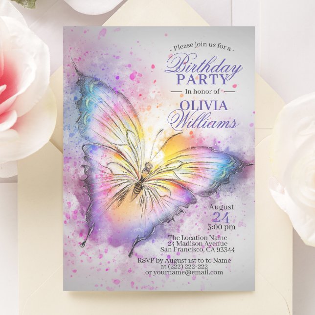 かわいいカラフル水彩蝶の誕生日パーティー 招待状