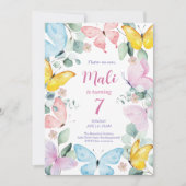 かわいいカラフル水彩蝶誕生日 招待状 (正面)
