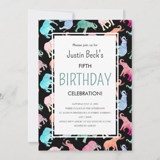 かわいいカラフル水彩象テンプレート 招待状 (正面)