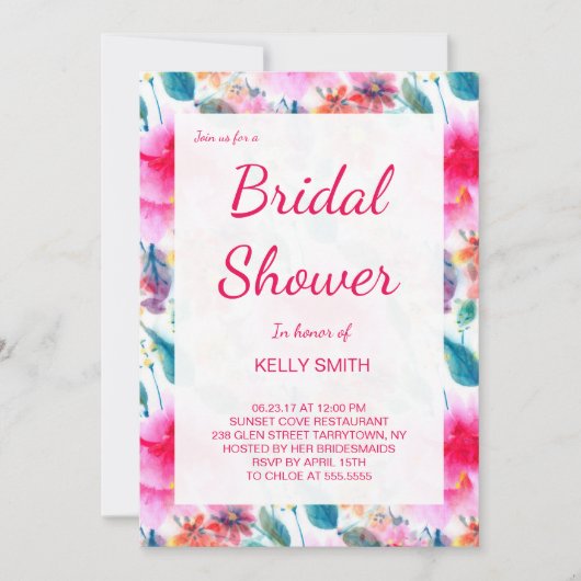 かわいいカラフル水色の花ブライダルシャワー 招待状 (正面)