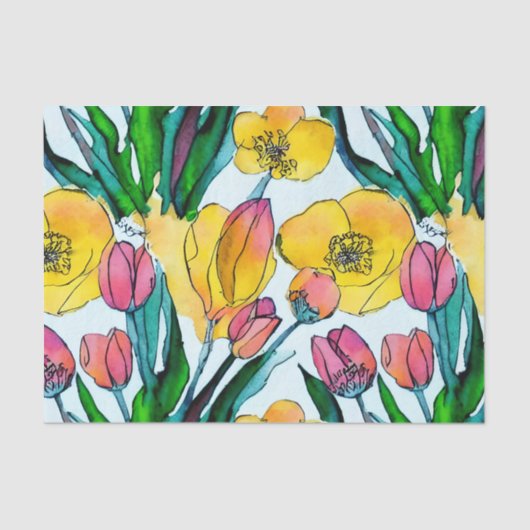 かわいいカラフル水色チューリップガーデン誕生日 薄葉紙 (正面)