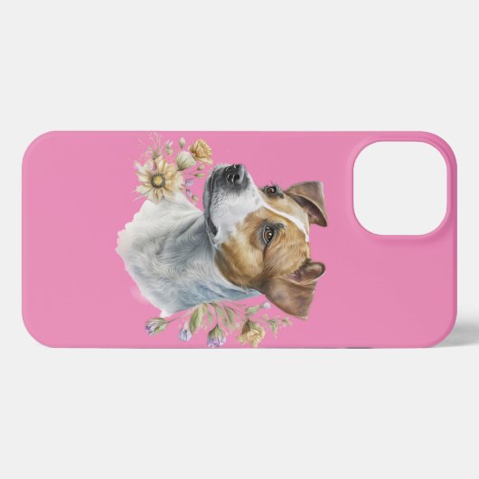 かわいいカラフル水色フローラジャックラッセルドッグ iPhoneケース (裏面横)