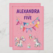 かわいいカラフル水色ユニコーン誕生日 招待状 (正面/裏面)