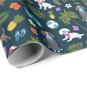 かわいいカラフル熱帯犬のパターン |ネイビー ラッピングペーパー (ロールコーナー)