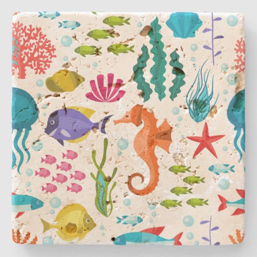 かわいいカラフル熱帯生物イラストレーション ストーンコースター (正面)