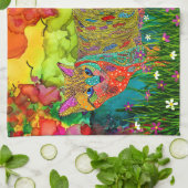 かわいいカラフル猫と鳥のキッチンタオル キッチンタオル (折り畳み)