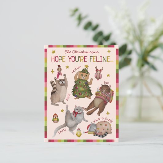 かわいいカラフル猫好きの感じチャート・クリスマス シーズンポストカード (スタンド正面)