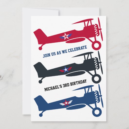 かわいいカラフル男の子のための飛行機、おもしろい子供の誕生日 招待状 (正面)
