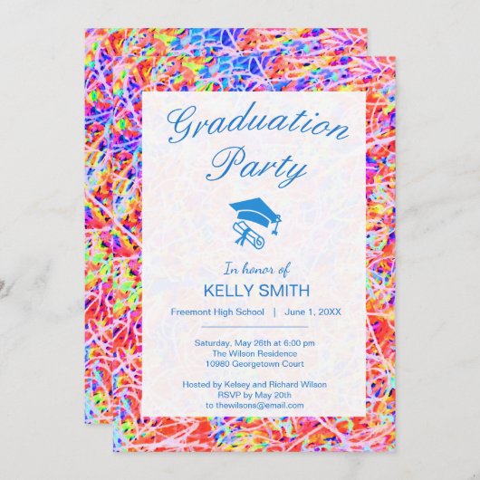 かわいいカラフル絵画抽象芸術の卒業式 招待状 (正面/裏面)