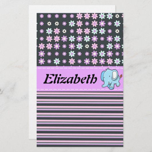 かわいいカラフル花ストライプ象 便箋 (正面/裏面)